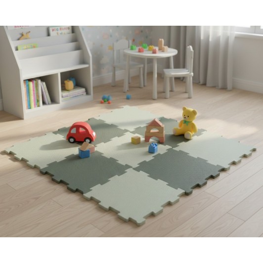 Covor din spuma, puzzle gri verzui, 9 piese, 93x93 cm