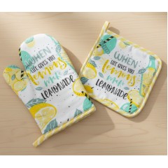 Set manusa si servet de bucatarie, bumbac/poliester, model verde/galben