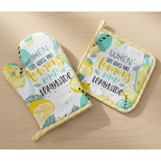 Set manusa si servet de bucatarie, bumbac/poliester, model verde/galben Set manusa si servet de bucatarie, bumbac/poliester, model verde/galben