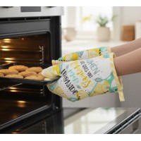 Set manusa si servet de bucatarie, bumbac/poliester, model verde/galben Set manusa si servet de bucatarie, bumbac/poliester, model verde/galben