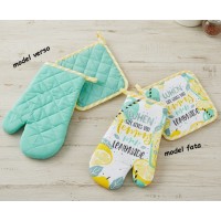 Set manusa si servet de bucatarie, bumbac/poliester, model verde/galben Set manusa si servet de bucatarie, bumbac/poliester, model verde/galben