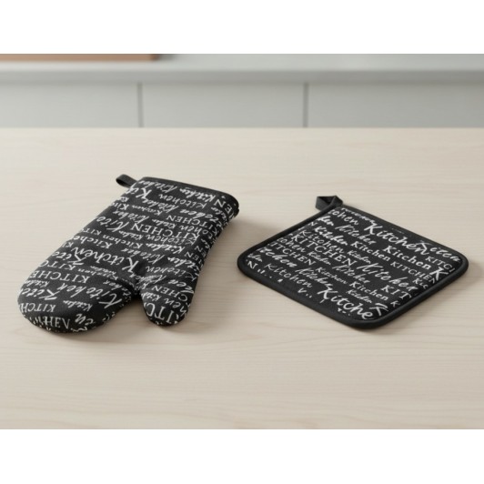 Set manusa si servet termic, pentru bucatarie, bumbac/poliester, model negru cu mesaj