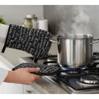 Set manusa si servet termic, pentru bucatarie, bumbac/poliester, model negru cu mesaj