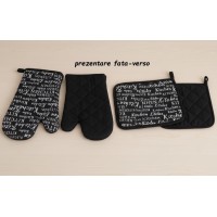 Set manusa si servet termic, pentru bucatarie, bumbac/poliester, model negru cu mesaj