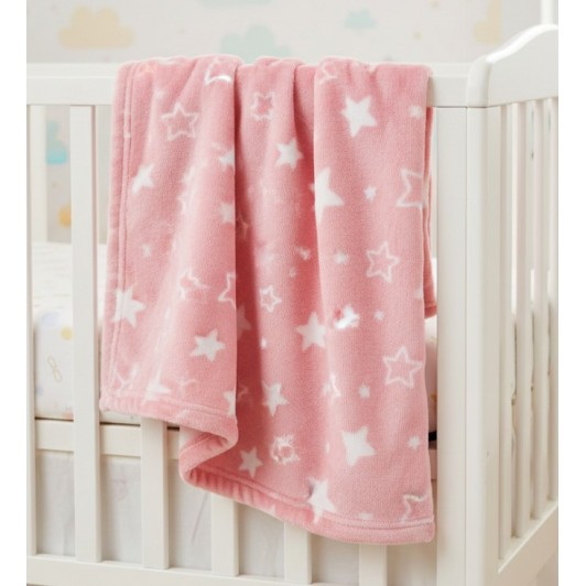 Patura catifelata pentru bebelusi, roz cu stelute albe, 100x75 cm