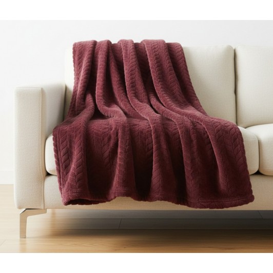 Patura moale si catifelata, bordo, 220x150 cm, model cu frunze in relief