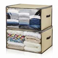 Set 2 huse mari, bej, depozitare haine sau paturi, cu fermoar, 65x55x40 cm, fereastra transparenta