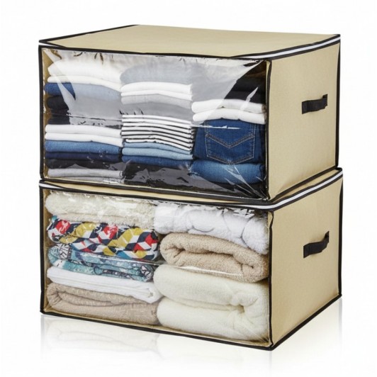 Set 2 huse mari, bej, depozitare haine sau paturi, cu fermoar, 65x55x40 cm, fereastra transparenta