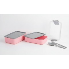 Caserola dubla, cu 2 recipiente, 400 ml si 500 ml, furculita + lingura, 16x10x9 cm, roz/gri