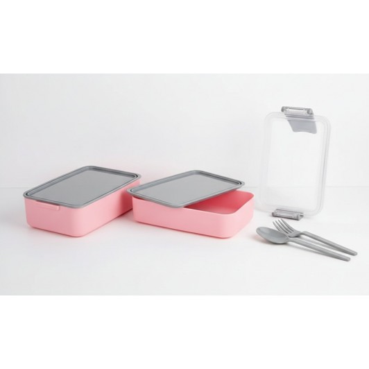 Caserola dubla, cu 2 recipiente, 400 ml si 500 ml, furculita + lingura, 16x10x9 cm, roz/gri