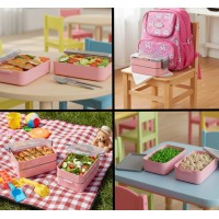 Caserola dubla, cu 2 recipiente, 400 ml si 500 ml, furculita + lingura, 16x10x9 cm, roz/gri