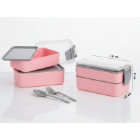 Caserola dubla, cu 2 recipiente, 400 ml si 500 ml, furculita + lingura, 16x10x9 cm, roz/gri