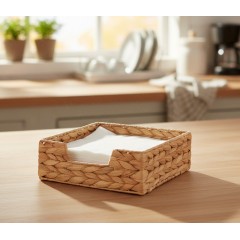 Cutie decorativa impletita, fibre lemn, cadru metalic, 18x18x7 cm, suport servetele, organizare baie