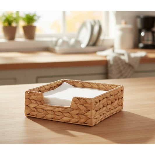 Cutie decorativa impletita, fibre lemn, cadru metalic, 18x18x7 cm, suport servetele, organizare baie Cutie decorativa impletita, fibre lemn, cadru metalic, 18x18x7 cm, suport servetele, organizare baie