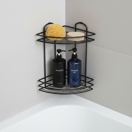 Raft de baie tip coltar, metalic, prindere cu suruburi, 20x20x34 cm, negru, feronerie inclusa