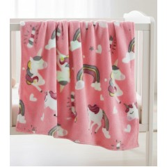 Paturica catifelata pentru bebelusi, fosforescenta, model cu unicorni, 140x100 cm