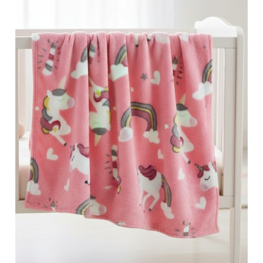 Paturica catifelata pentru bebelusi, fosforescenta, model cu unicorni, 140x100 cm