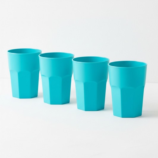 Set 4 pahare din plastic dur, reutilizabile, turcoaz, 330 ml