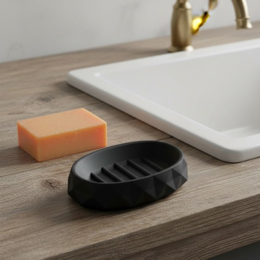 Savoniera din plastic, model cu margini 3D, 13x9 cm, negru, oval