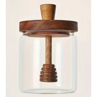 Borcan din sticla pentru miere, cu capac din lemn + lingura atasata, 450 ml