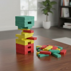 Joc de constructie, turn din piese colorate, 45 de piese din lemn