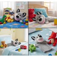 Marioneta din plus, model lup, gri, 28 cm