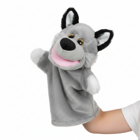 Marioneta din plus, model lup, gri, 28 cm