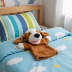 Marioneta din plus, model catel, maro/alb, 28 cm