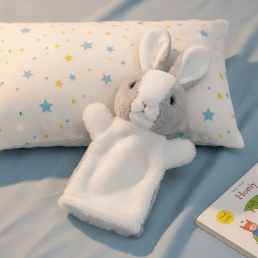 Marioneta din plus, model iepuras, alb/gri, 28 cm Marioneta din plus, model iepuras, alb/gri, 28 cm