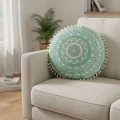 Perna decorativa rotunda, model mandala, verde/auriu, 40x10 cm Perna decorativa rotunda, model mandala, verde/auriu, 40x10 cm