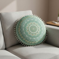 Perna decorativa rotunda, model mandala, verde/auriu, 40x10 cm