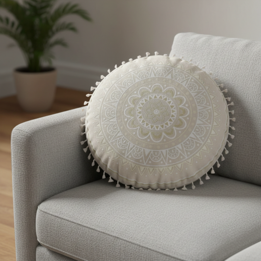 Perna decorativa rotunda, model mandala, bej, 40x10 cm