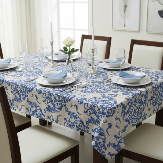 Fata de masa, material textil, bumbac/poliester, 180x140 cm, bej albastru, stil baroc