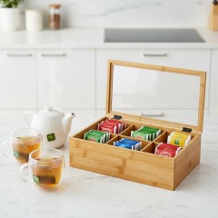 Cutie organizatoare pentru ceai, 6 compartimente, bambus, capac din sticla transparent, 30x18x9 cm