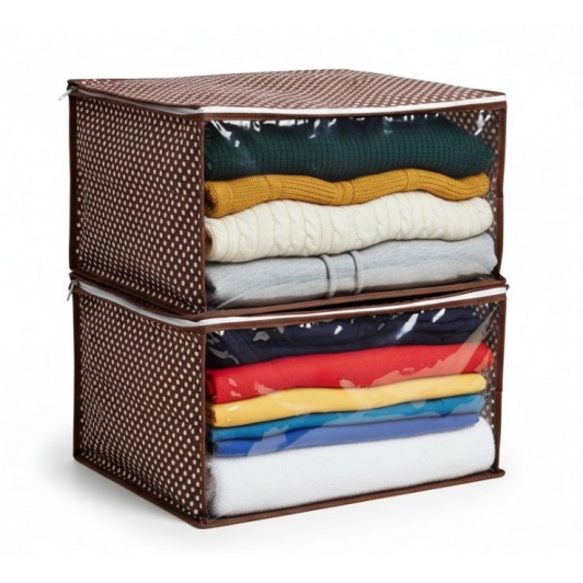 Set 2 huse, organizare si depozitare haine, fermoar, 35x30x20 cm, maro, fereastra transparenta