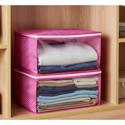 Set 2 huse, organizare si depozitare haine, fermoar, 35x30x20 cm, roz pal, fereastra transparenta