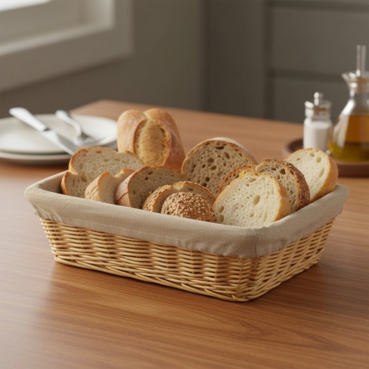 Cos rectangular din rachita, husa bumbac, 35x24x10 cm, pentru paine si biscuiti, uz casnic si HoReCa