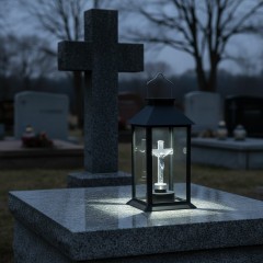 Felinar LED, incarcare solara, cruce, 14x14x28 cm, buton on/off, pentru cimitir sau spatii memoriale