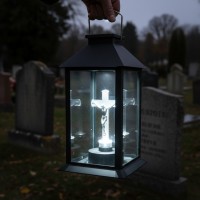 Felinar LED, incarcare solara, cruce, 14x14x28 cm, buton on/off, pentru cimitir sau spatii memoriale