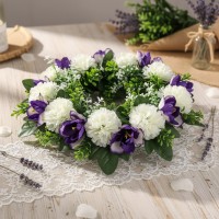 Coronita decorativa, flori artificiale mov/alb, Ø25 cm, decor sezonier interior/exterior, evenimente