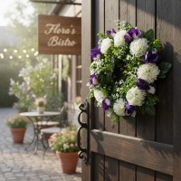 Coronita decorativa, flori artificiale mov/alb, Ø25 cm, decor sezonier interior/exterior, evenimente