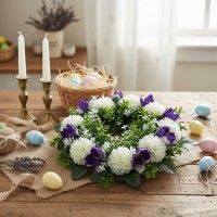 Coronita decorativa, flori artificiale mov/alb, Ø25 cm, decor sezonier interior/exterior, evenimente