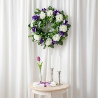 Coronita decorativa, flori artificiale mov/alb, Ø25 cm, decor sezonier interior/exterior, evenimente