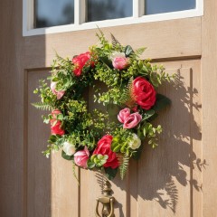 Coronita decorativa, flori artificiale roz, Ø25 cm, decor sezonier interior/exterior, evenimente