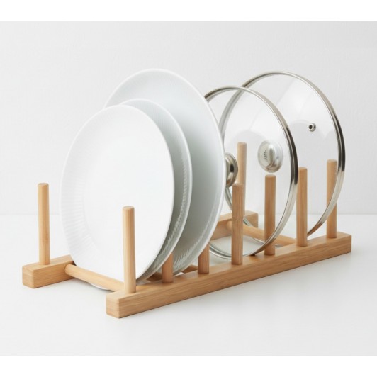 Suport din bambus, pentru farfurii sau capace, 27.5x12x8.5 cm, cu 6 spatii pentru depozitare