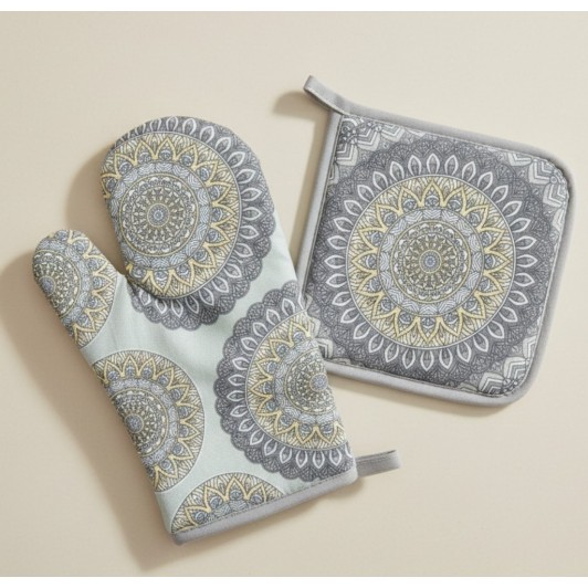 Set manusa si servet termic, pentru bucatarie, bumbac/poliester, gri, model mandala