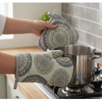 Set manusa si servet termic, pentru bucatarie, bumbac/poliester, gri, model mandala