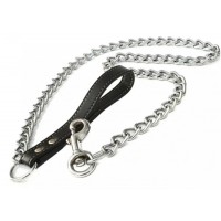 Lesa din lant cromat pentru caini de talie mare, maner negru din piele ecologica, 120 cm x 4 mm