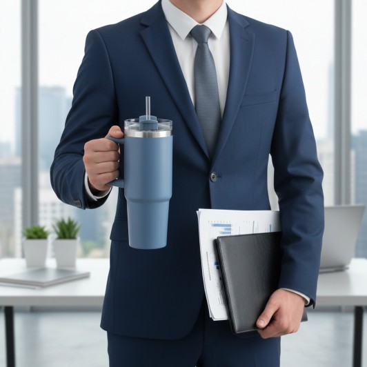 Termos modern, tip pahar cu pai, otel inoxidabil, 900 ml, Ø9x24 cm, maner lat, capac etans cu filet