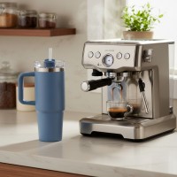 Termos modern, tip pahar cu pai, otel inoxidabil, 900 ml, Ø9x24 cm, maner lat, capac etans cu filet